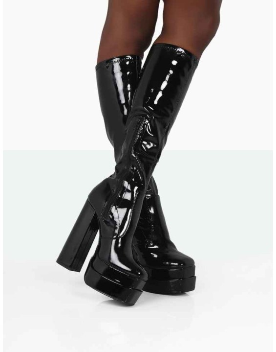 Passive Black Patent Square Toe Platform Block High Heel Over The Knee Boots