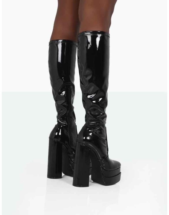 Passive Black Patent Square Toe Platform Block High Heel Over The Knee Boots