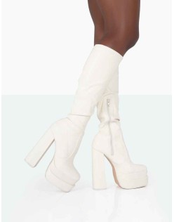 Passive Ecru PU Square Toe Platform Block High Heel Over The Knee Boots