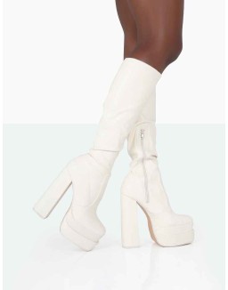 Passive Ecru PU Square Toe Platform Block High Heel Over The Knee Boots