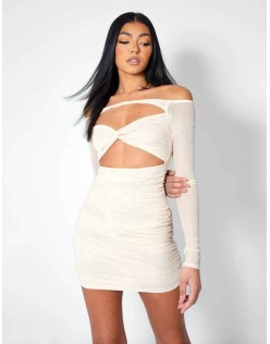 GLITTER MESH CUTAWAY MINI DRESS NUDE
