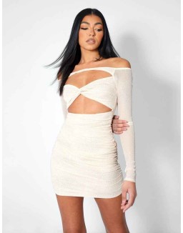 GLITTER MESH CUTAWAY MINI DRESS NUDE