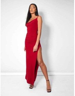 COWL NECK EXTREME SPLIT SLINKY MAXI DRESS RED