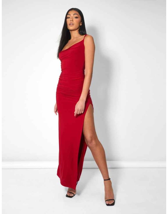 COWL NECK EXTREME SPLIT SLINKY MAXI DRESS RED