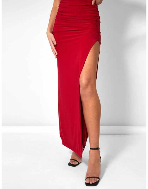 COWL NECK EXTREME SPLIT SLINKY MAXI DRESS RED