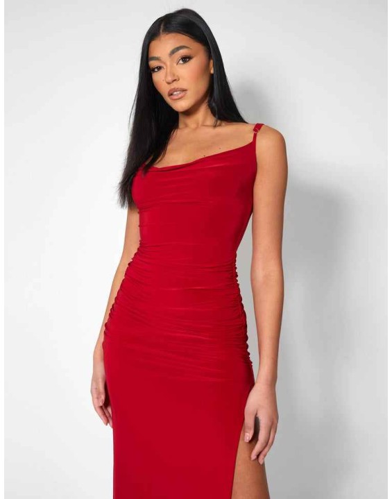 COWL NECK EXTREME SPLIT SLINKY MAXI DRESS RED