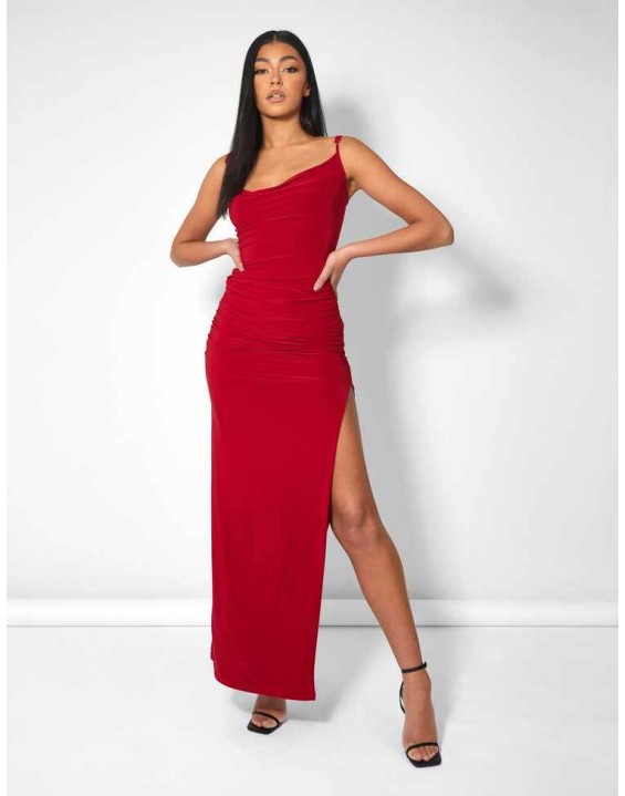 COWL NECK EXTREME SPLIT SLINKY MAXI DRESS RED