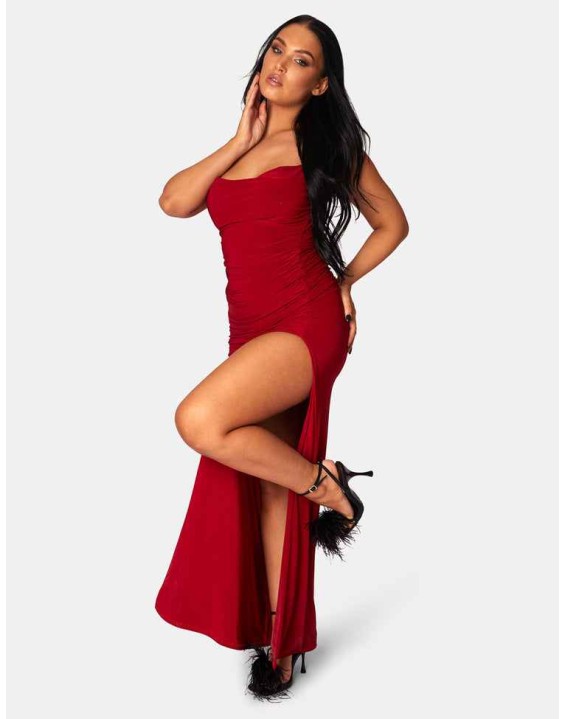 COWL NECK EXTREME SPLIT SLINKY MAXI DRESS RED