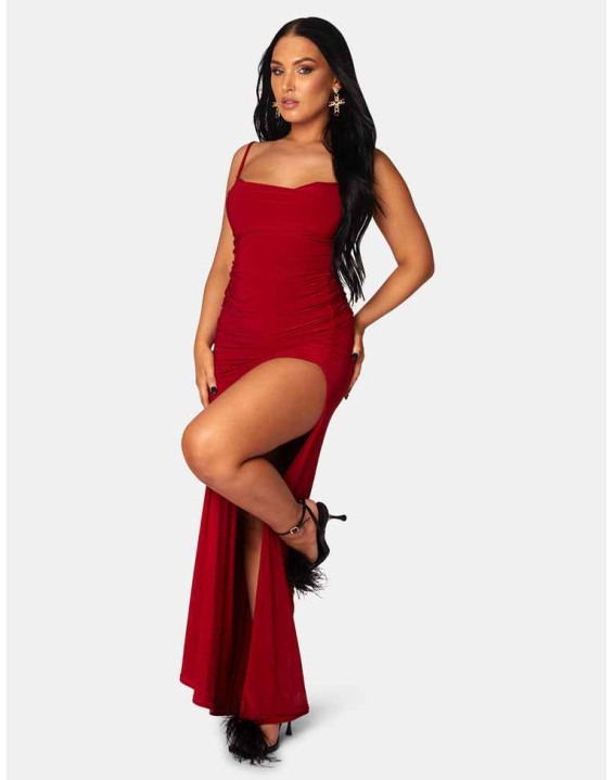 COWL NECK EXTREME SPLIT SLINKY MAXI DRESS RED