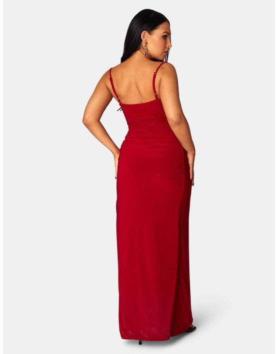 COWL NECK EXTREME SPLIT SLINKY MAXI DRESS RED