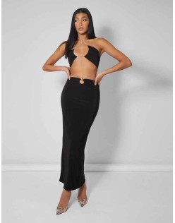 CROSS FRONT DIAMANTE ROPE MIDAXI SKIRT BLACK