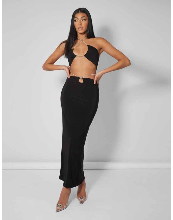 CROSS FRONT DIAMANTE ROPE MIDAXI SKIRT BLACK