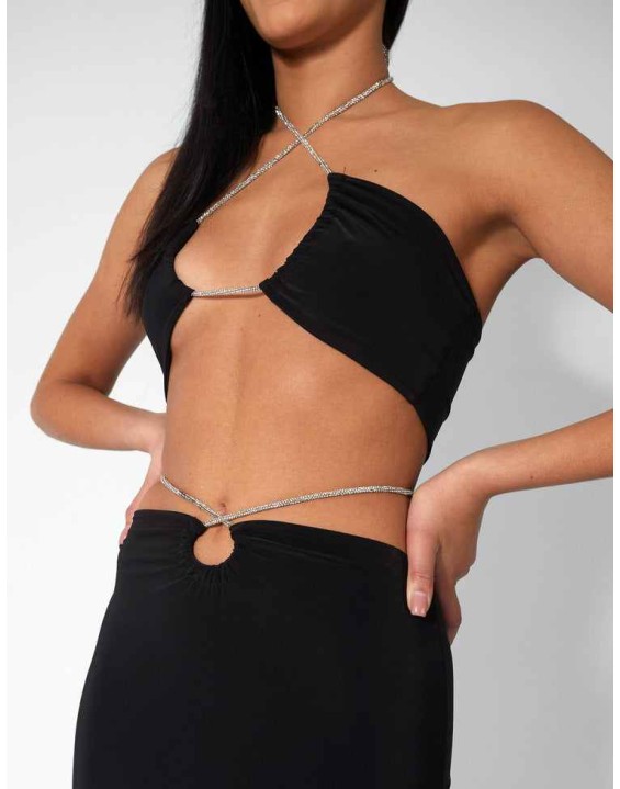 CROSS FRONT DIAMANTE ROPE MIDAXI SKIRT BLACK