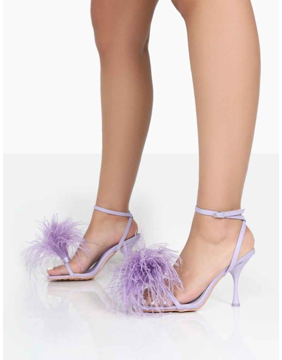 Prancy Wide Fit Lilac PU Feather Square Toe Heels