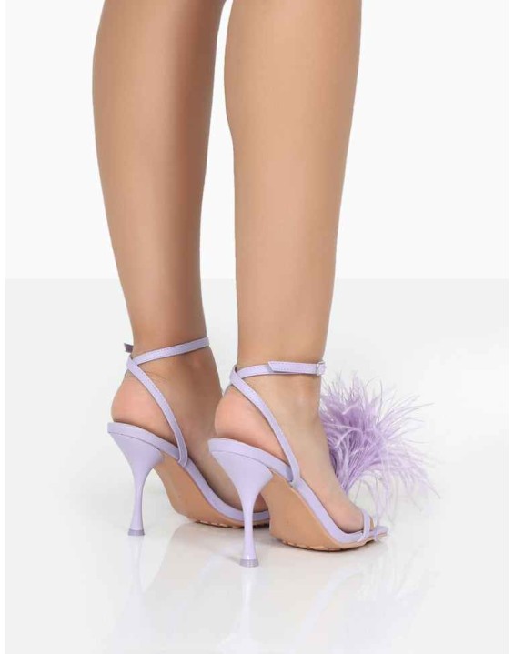 Prancy Wide Fit Lilac PU Feather Square Toe Heels