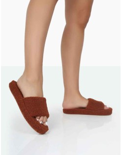 Vale Brown Borg Fluffy Slider Slipper