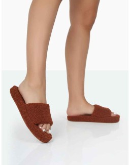 Vale Brown Borg Fluffy Slider Slipper