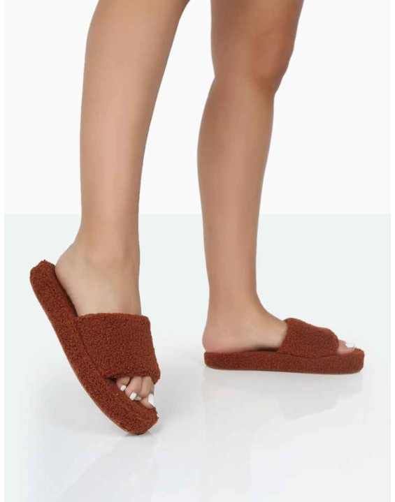Vale Brown Borg Fluffy Slider Slipper