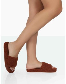 Vale Brown Borg Fluffy Slider Slipper