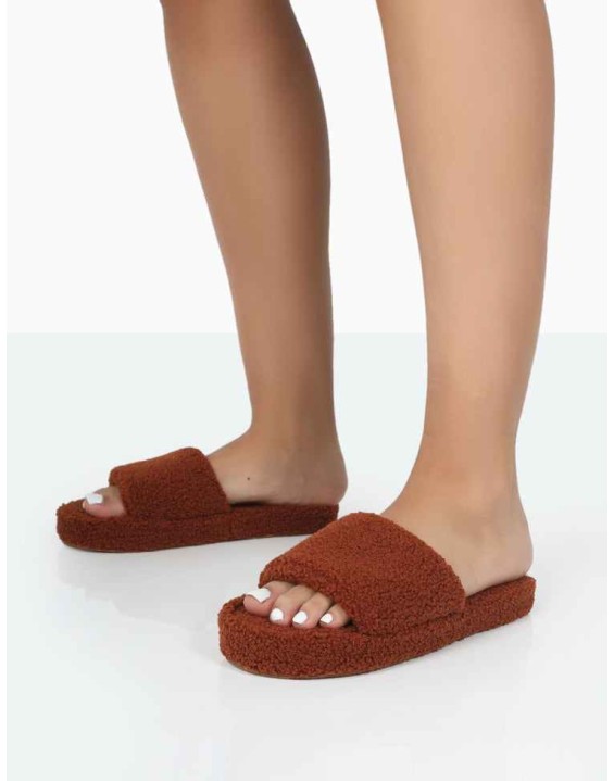 Vale Brown Borg Fluffy Slider Slipper