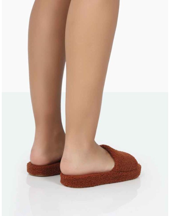 Vale Brown Borg Fluffy Slider Slipper