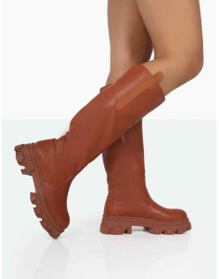 Genius Tabacco Tan Pu Knee High Chunky Sole Boots