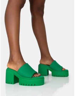 Sabeena Green Chunky Mule Round Toe Mid Heel Sandals