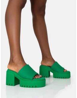 Sabeena Green Chunky Mule Round Toe Mid Heel Sandals