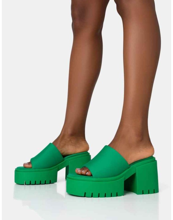 Sabeena Green Chunky Mule Round Toe Mid Heel Sandals