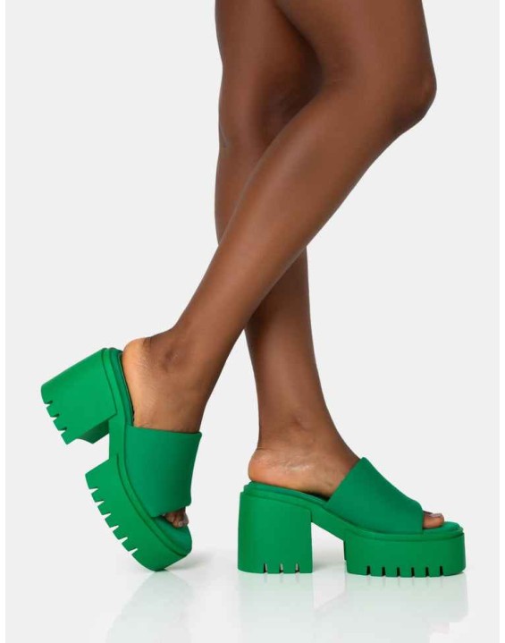 Sabeena Green Chunky Mule Round Toe Mid Heel Sandals