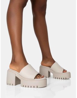 Sabeena Ecru Chunky Mule Round Toe Mid Heel Sandals