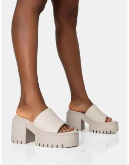 Sabeena Ecru Chunky Mule Round Toe Mid Heel Sandals