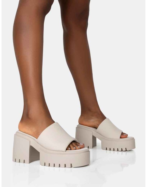 Sabeena Ecru Chunky Mule Round Toe Mid Heel Sandals