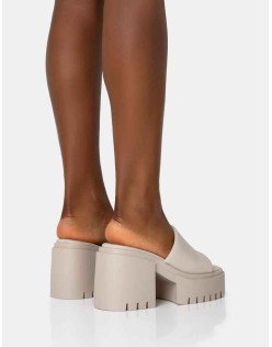 Sabeena Ecru Chunky Mule Round Toe Mid Heel Sandals