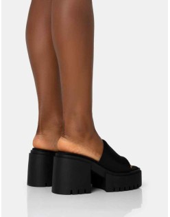Sabeena Black Chunky Mule Round Toe Mid Heel Sandals