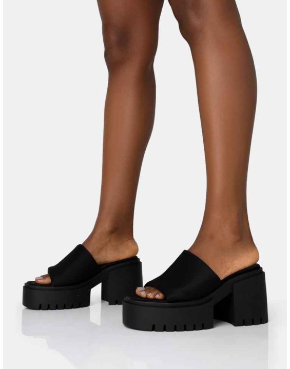Sabeena Black Chunky Mule Round Toe Mid Heel Sandals