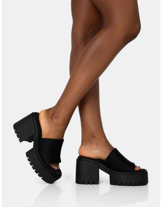 Sabeena Black Chunky Mule Round Toe Mid Heel Sandals