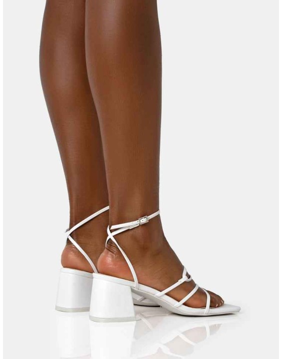 Dayla Wide Fit White PU Strappy Square Toe Block Mid Heel Sandals