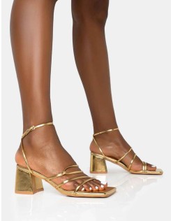 Dayla Gold Strappy Square Toe Block Mid Heel Sandals