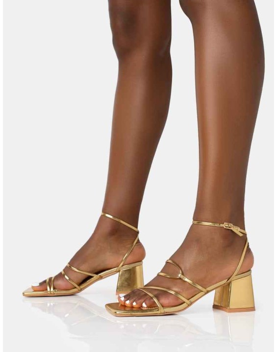 Dayla Gold Strappy Square Toe Block Mid Heel Sandals