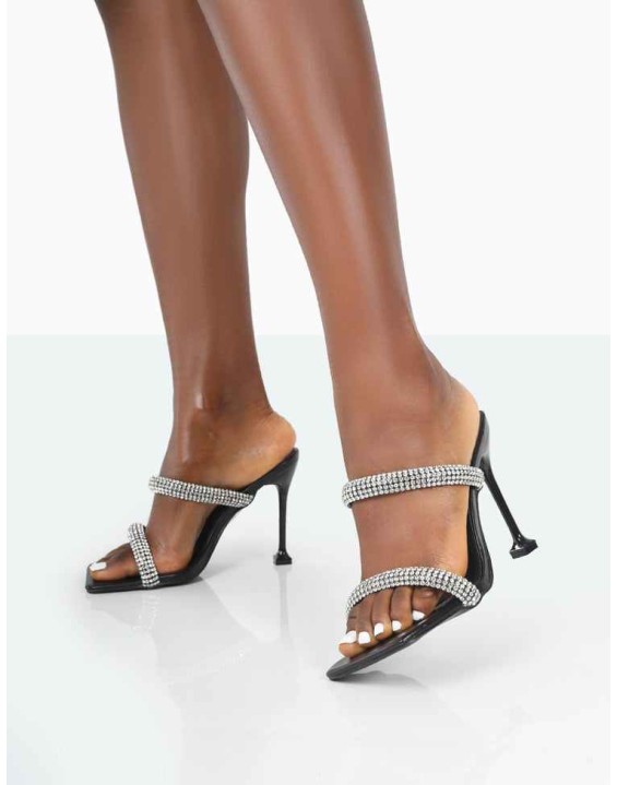 Regina Black Sparkly Diamante Stiletto Square Toe High Heels