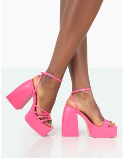 Amerie Pink Patent Chunky Square Toe Platform Block Heels