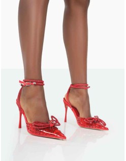 Girl Gang Red Perspex Sparkly Diamante Wrap Around Bow Pointed Toe Court Heels