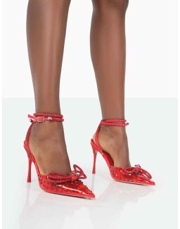 Girl Gang Red Perspex Sparkly Diamante Wrap Around Bow Pointed Toe Court Heels