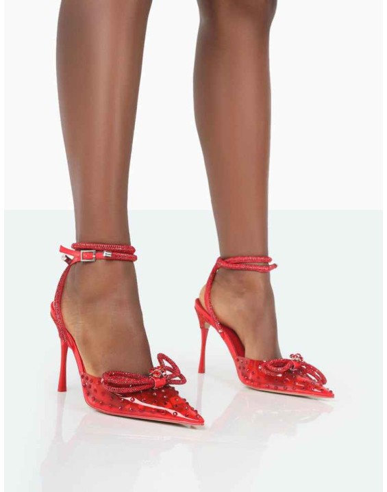 Girl Gang Red Perspex Sparkly Diamante Wrap Around Bow Pointed Toe Court Heels