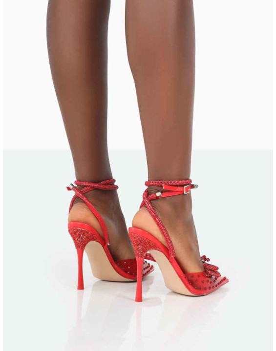 Girl Gang Red Perspex Sparkly Diamante Wrap Around Bow Pointed Toe Court Heels