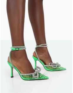 Azealia Neon Green Sparkly Diamante Wrap Around Bow Pointed Toe Court Heels