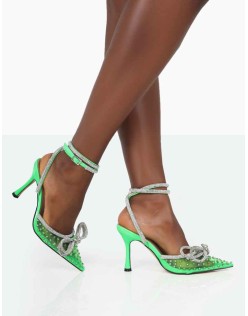 Azealia Neon Green Sparkly Diamante Wrap Around Bow Pointed Toe Court Heels
