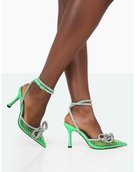 Azealia Neon Green Sparkly Diamante Wrap Around Bow Pointed Toe Court Heels