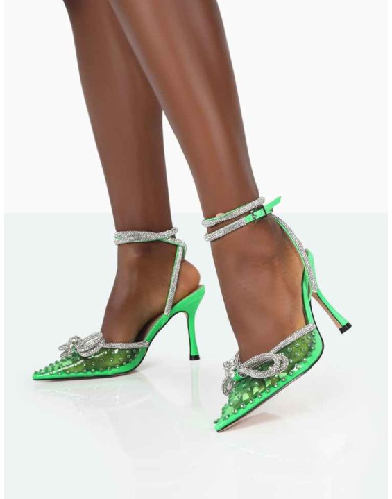 Azealia Neon Green Sparkly Diamante Wrap Around Bow Pointed Toe Court Heels